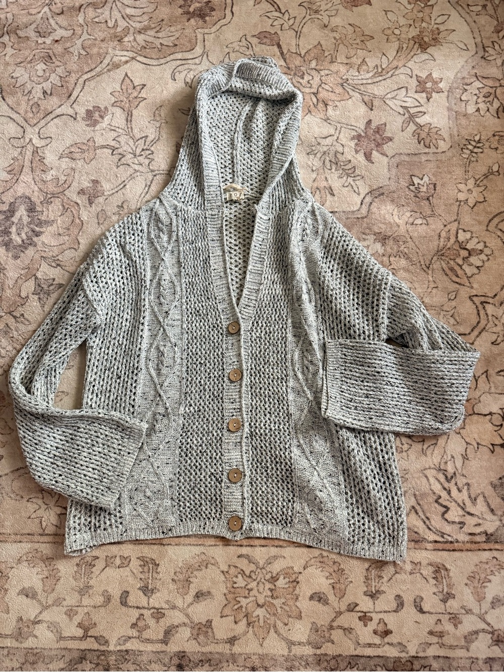 POL Gray Open Knit Cable Knit Hooded Cardigan Sweater Button Front M